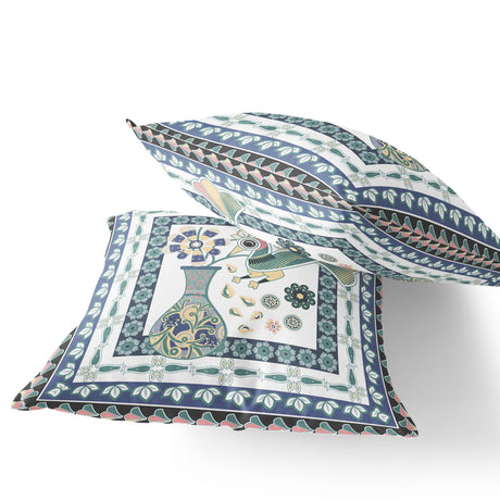 Set of Two 16" X 16" Blue and White Peacock Blown Seam Floral Indoor Outdoor Throw Pillow