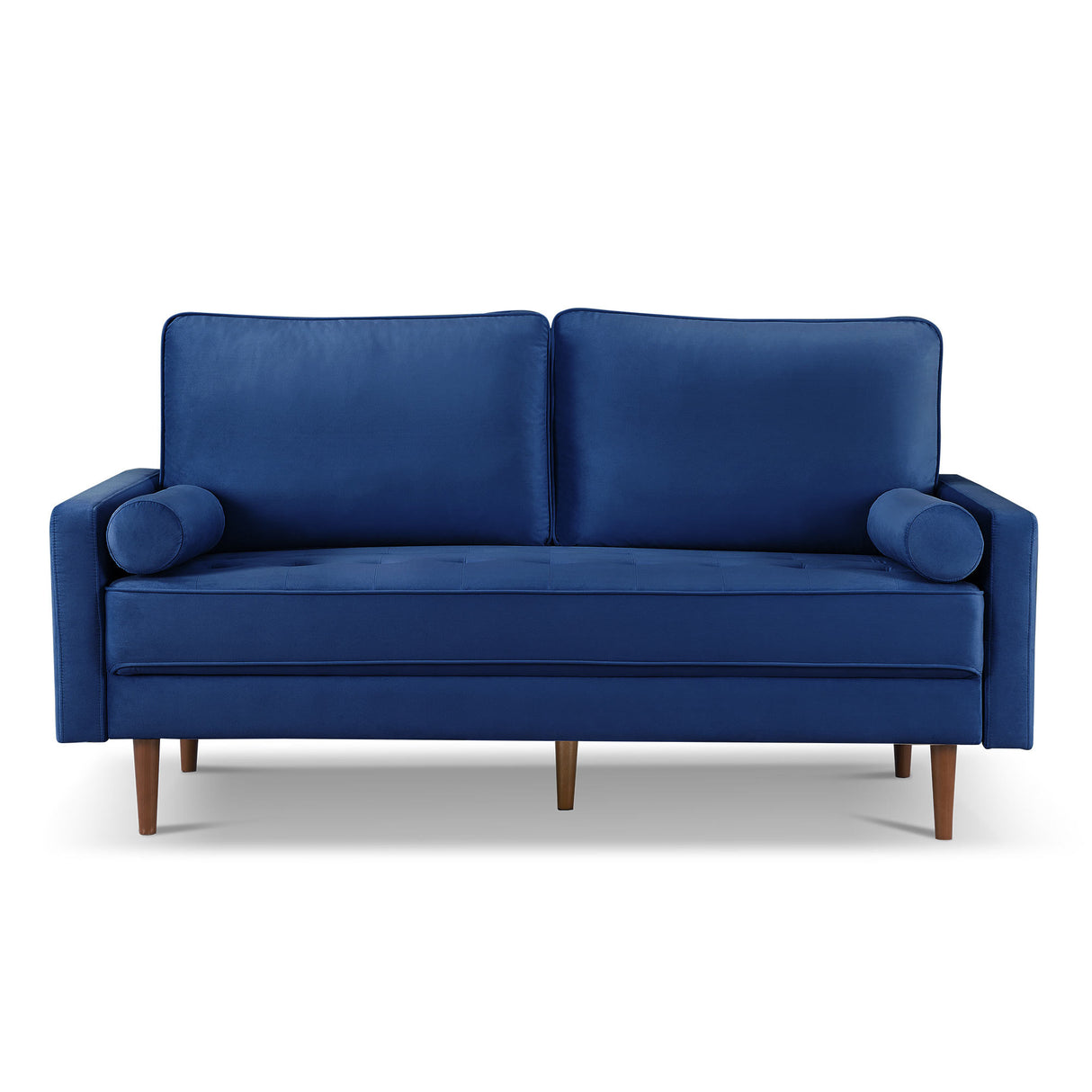 69" Blue Velvet Sofa And Toss Pillows With Dark Brown Legs