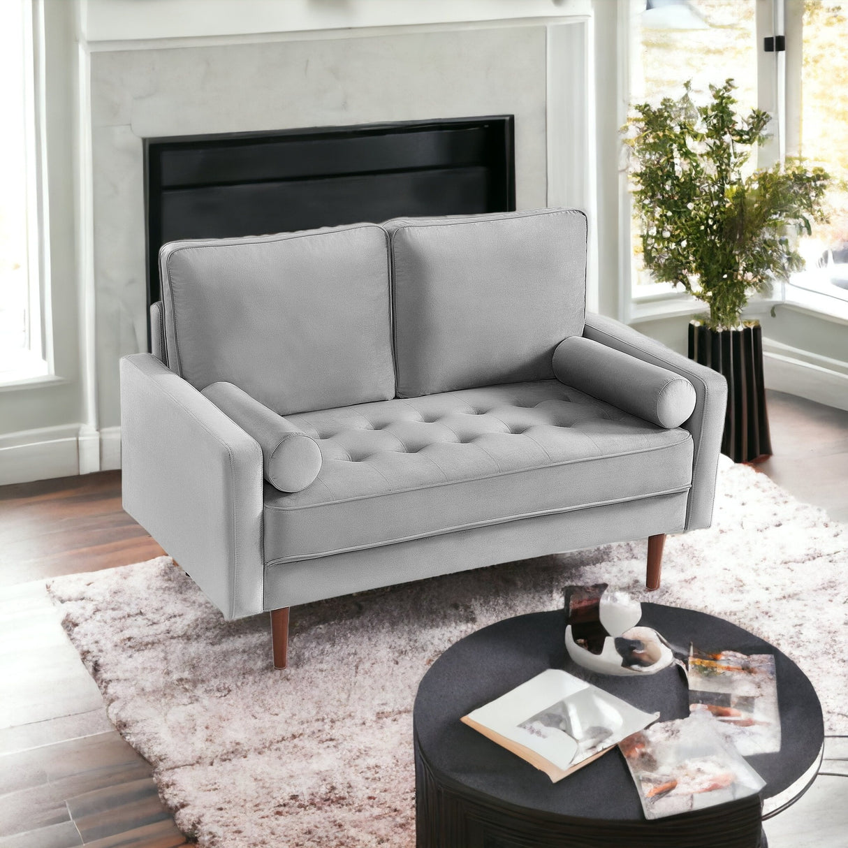 57" Gray And Dark Brown Velvet Loveseat and Toss Pillows