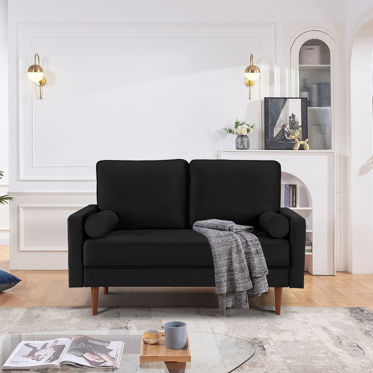 57" Black And Dark Brown Velvet Loveseat and Toss Pillows