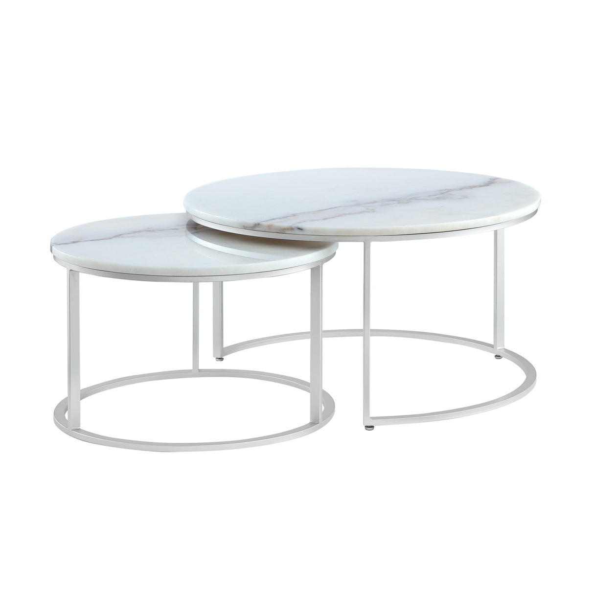 Set of Two 31" White And Silver Genuine Marble And Iron Round Nested Coffee Tables