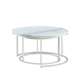 Set of Two 31" White And Silver Genuine Marble And Iron Round Nested Coffee Tables