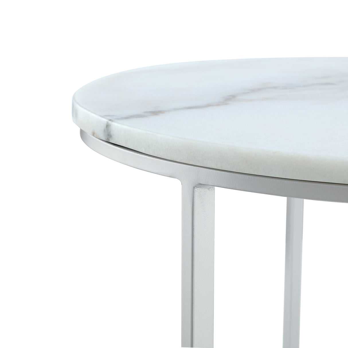 Set of Two 31" White And Silver Genuine Marble And Iron Round Nested Coffee Tables