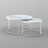 Set of Two 31" White And Silver Genuine Marble And Iron Round Nested Coffee Tables