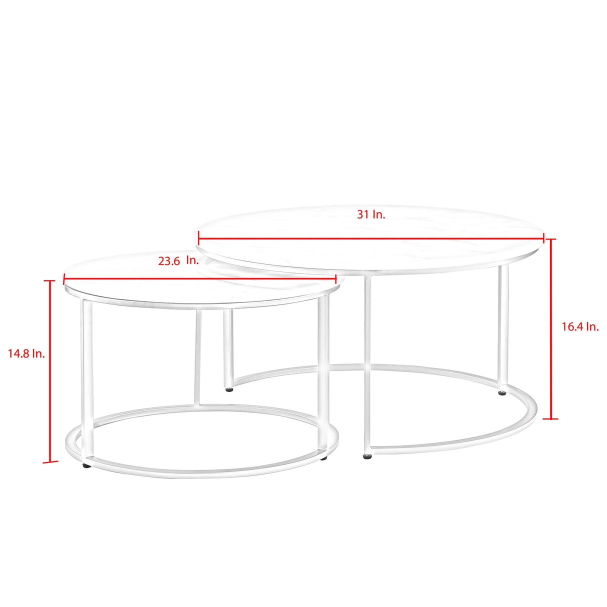 Set of Two 31" White And Silver Genuine Marble And Iron Round Nested Coffee Tables