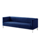 85" Navy Blue Velvet Sofa With Silver Legs