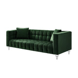 88" Hunter Green Velvet Sofa And Toss Pillows With Clear Legs