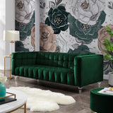 88" Hunter Green Velvet Sofa And Toss Pillows With Clear Legs