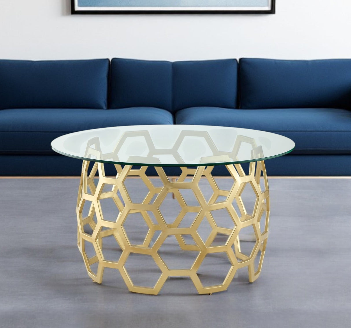 32" Clear And Gold Glass And Iron Round Coffee Table