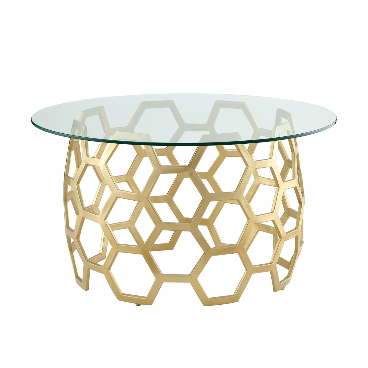 32" Clear And Gold Glass And Iron Round Coffee Table