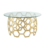 32" Clear And Gold Glass And Iron Round Coffee Table