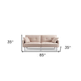 85" Beige Polyester Blend Convertible Futon Sleeper Sofa And Toss Pillows With Silver Legs