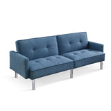 85" Blue Polyester Blend Convertible Futon Sleeper Sofa And Toss Pillows With Silver Legs