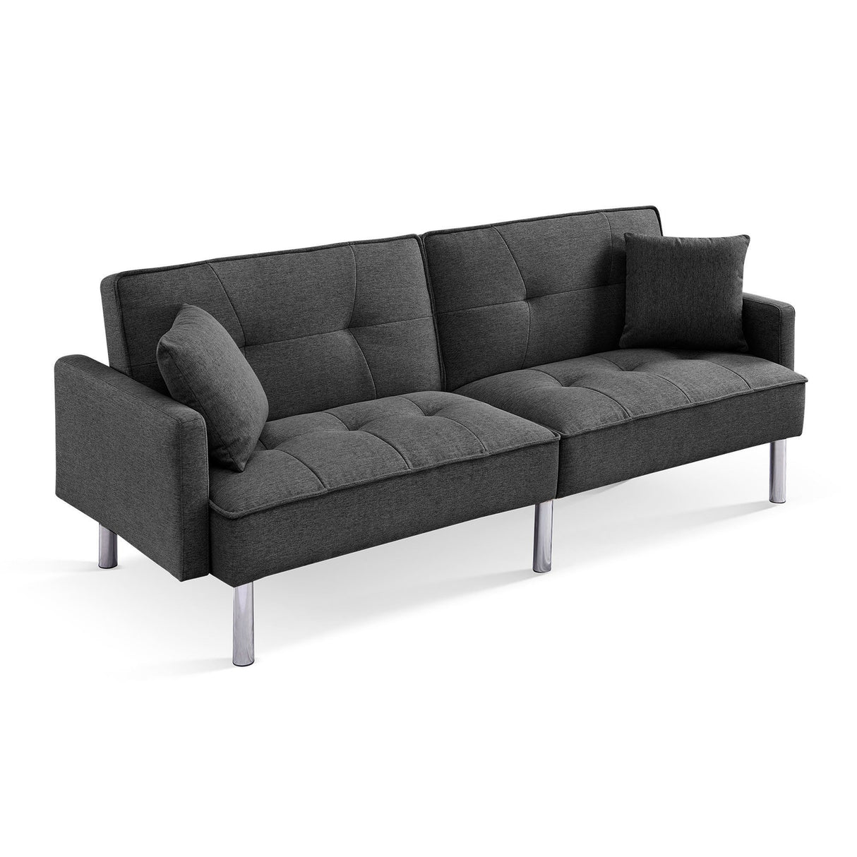 85" Dark Gray Polyester Blend Convertible Futon Sleeper Sofa And Toss Pillows With Silver Legs