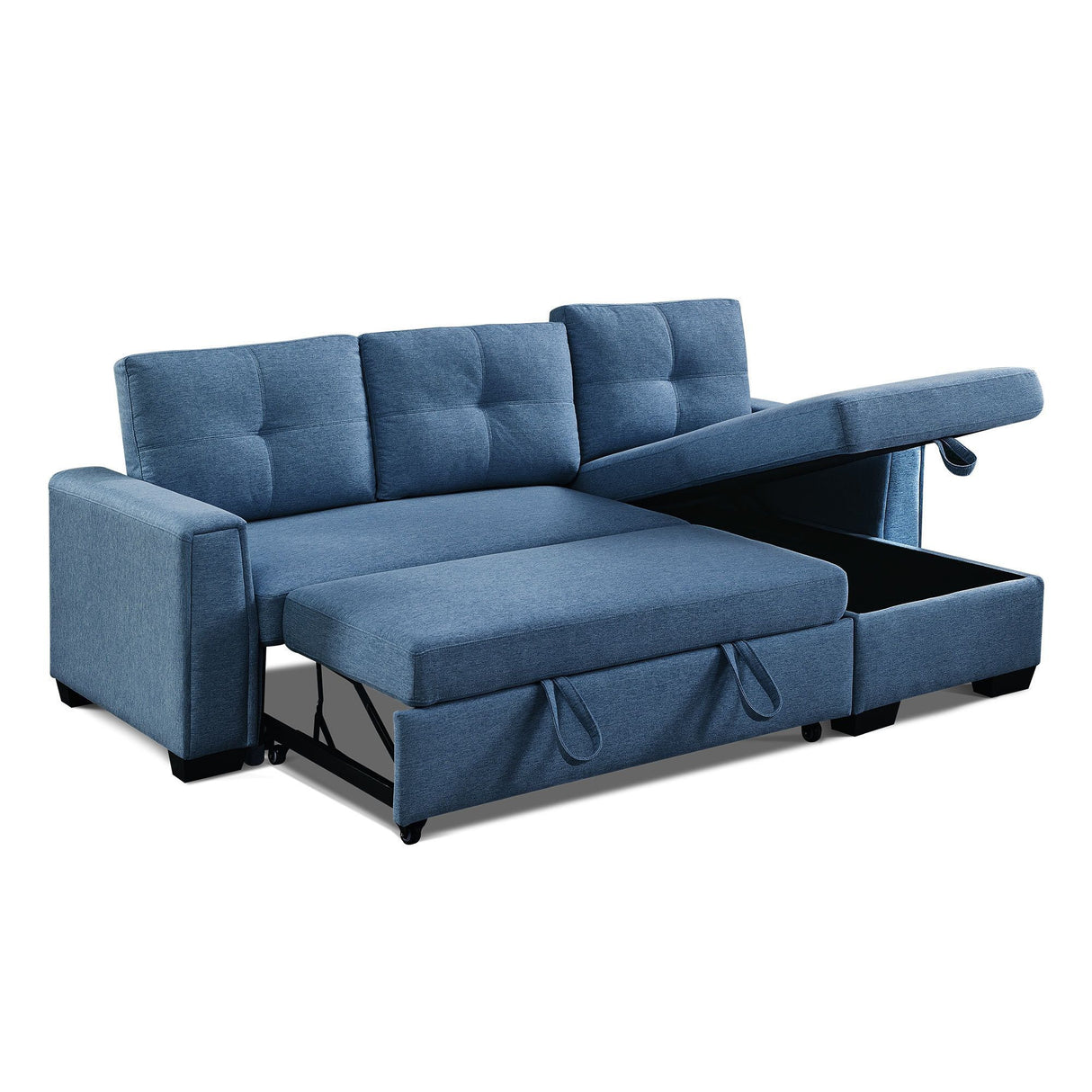 92" Blue Polyester Blend Convertible Futon Sleeper Sofa With Black Legs