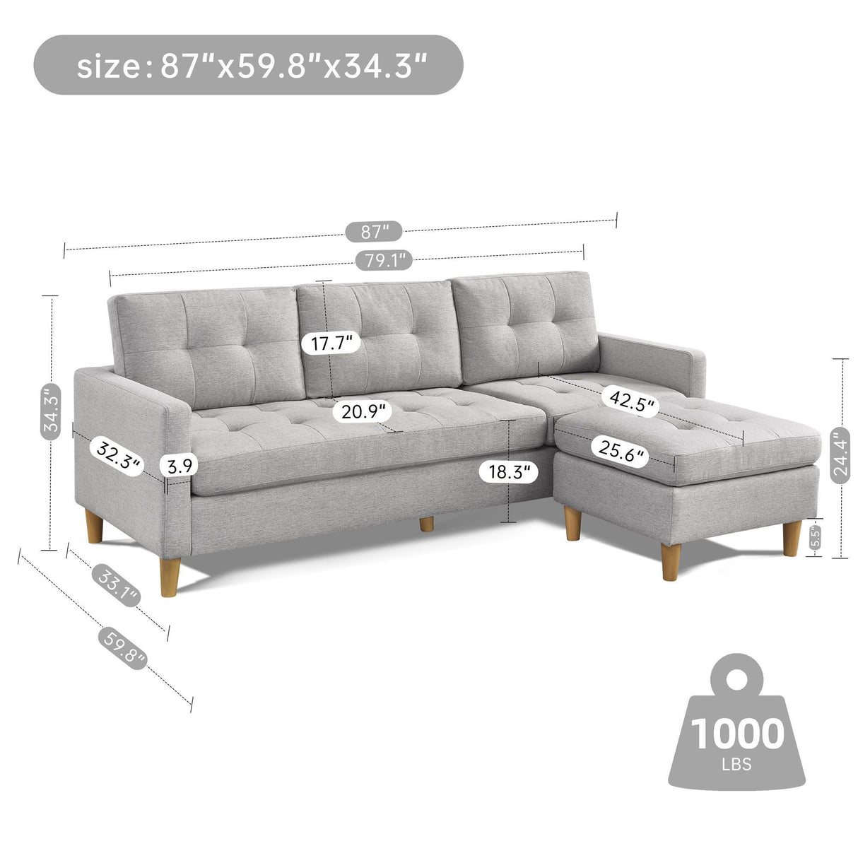 87" Light Gray Polyester Blend Sofa With Ottoman With Natural Legs