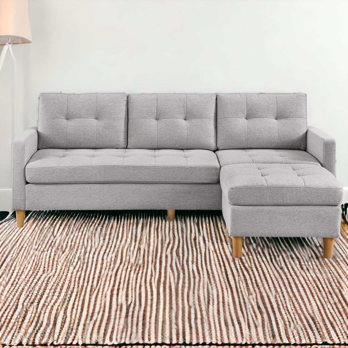 87" Light Gray Polyester Blend Sofa With Ottoman With Natural Legs