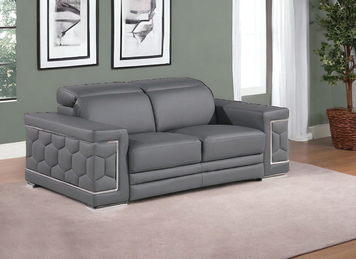 71" Gray And Silver Genuine Leather Loveseat