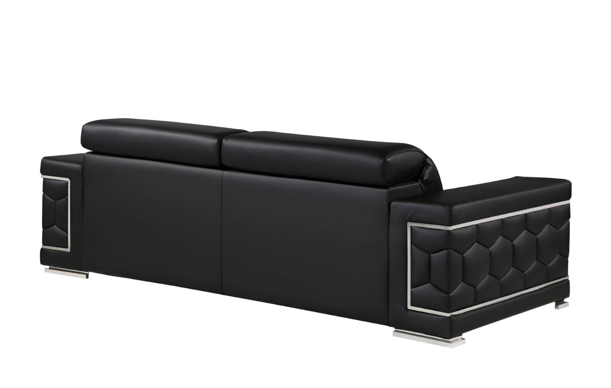 89" Black Leather Sofa With Silver Legs