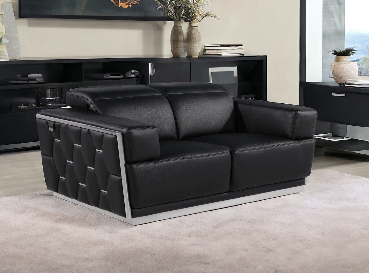 70" Black And Silver Italian Leather Loveseat