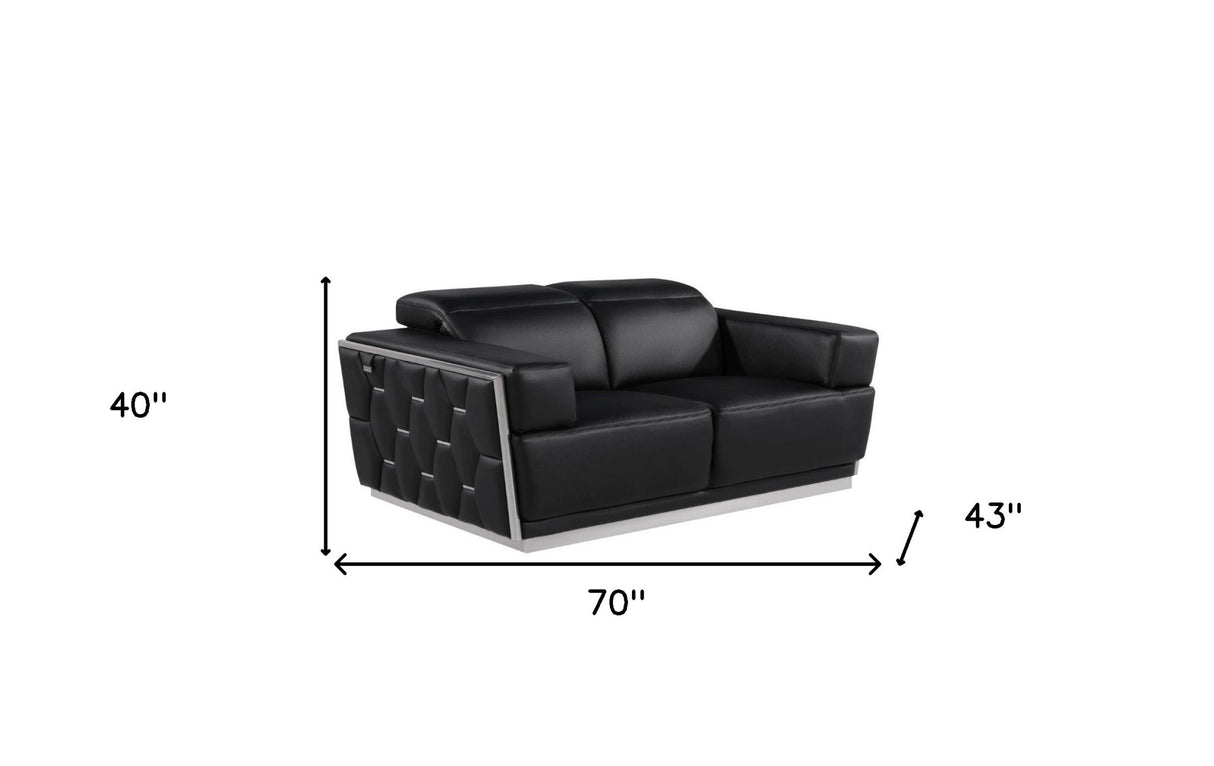 70" Black And Silver Italian Leather Loveseat