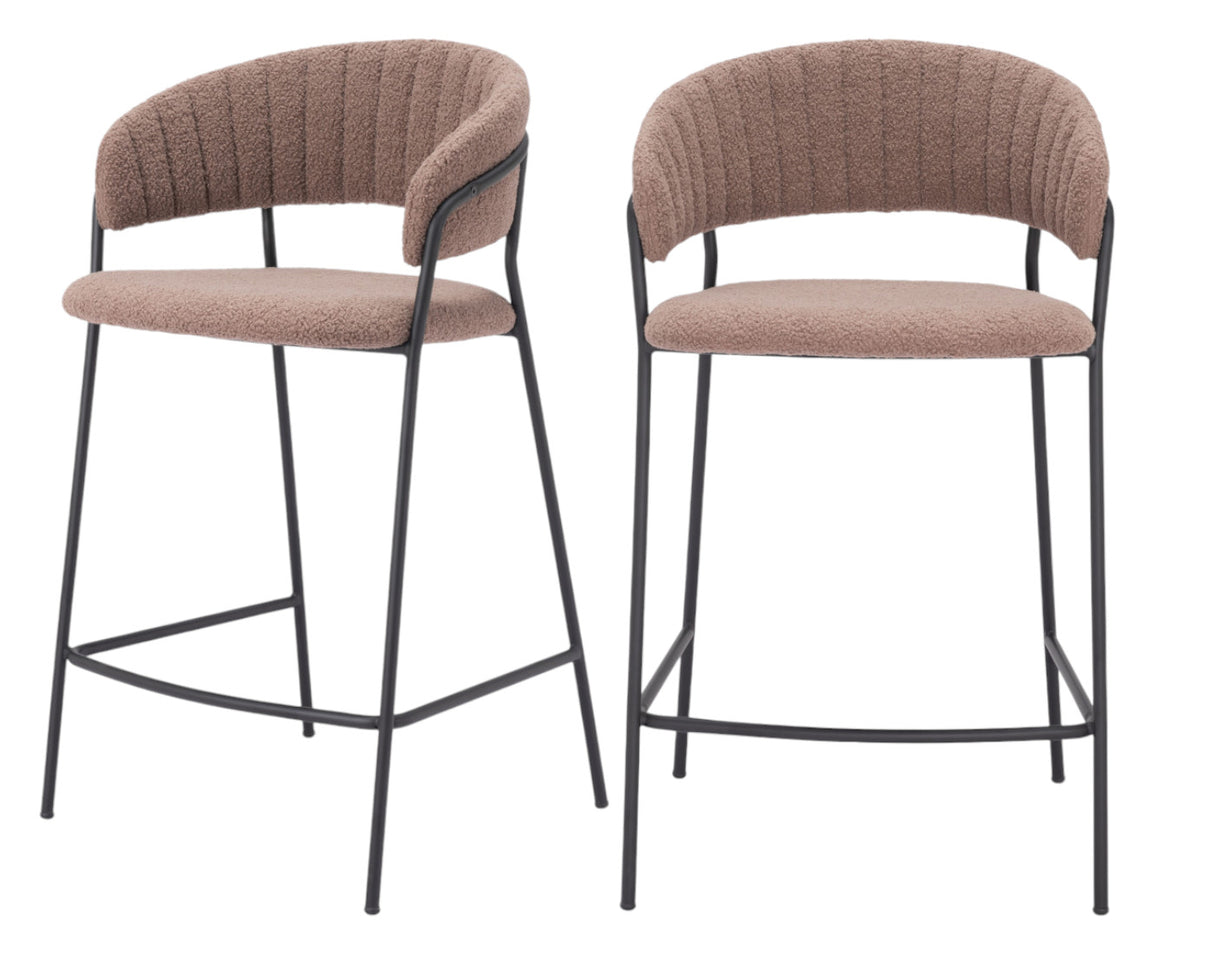 Set of Two 26" Brown and Black Shearling and Steel Low Back Counter Height Bar Chairs