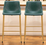 Set of Two 29" Green And Gold Faux Leather And Steel Bar Height Bar Chairs