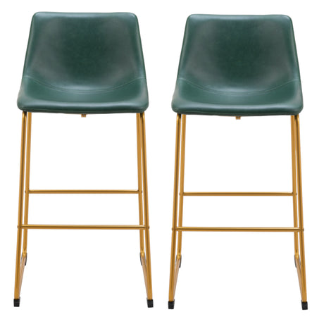 Set of Two 29" Green And Gold Faux Leather And Steel Bar Height Bar Chairs