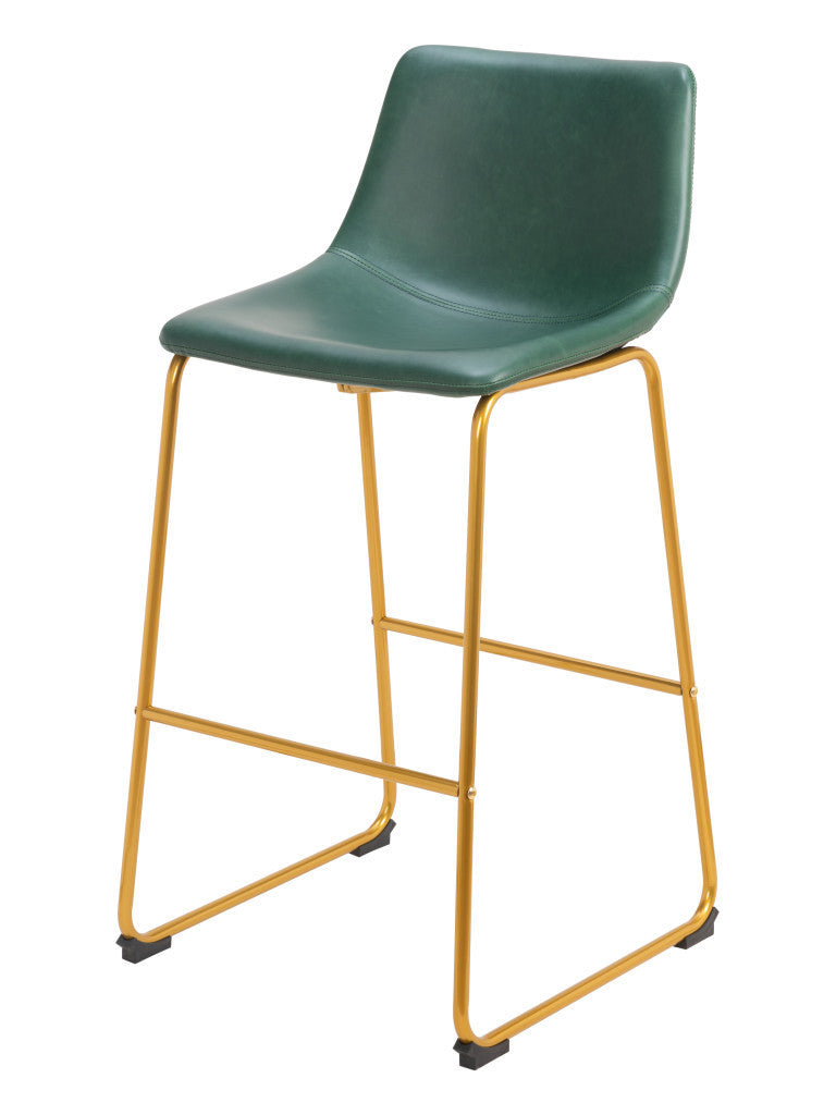 Set of Two 29" Green And Gold Faux Leather And Steel Bar Height Bar Chairs