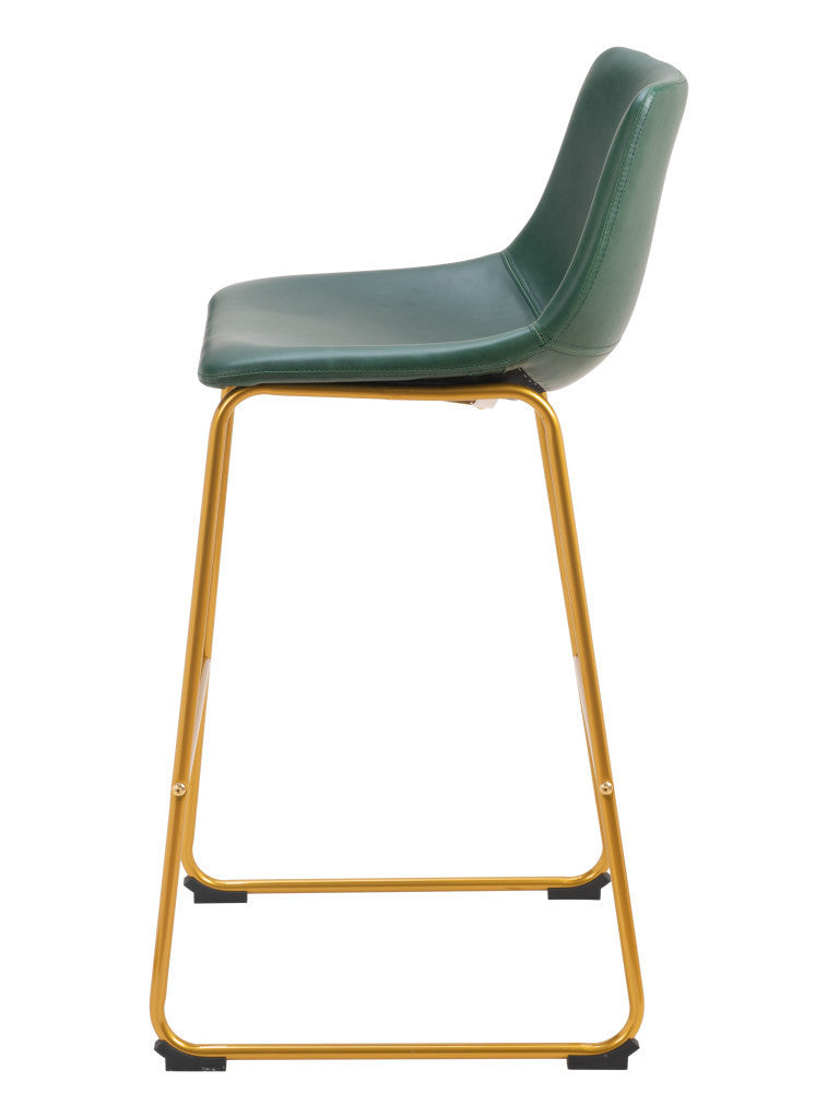 Set of Two 29" Green And Gold Faux Leather And Steel Bar Height Bar Chairs