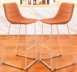 Set of Two 30" Orange And Gold Velvet And Steel Bar Height Bar Chairs