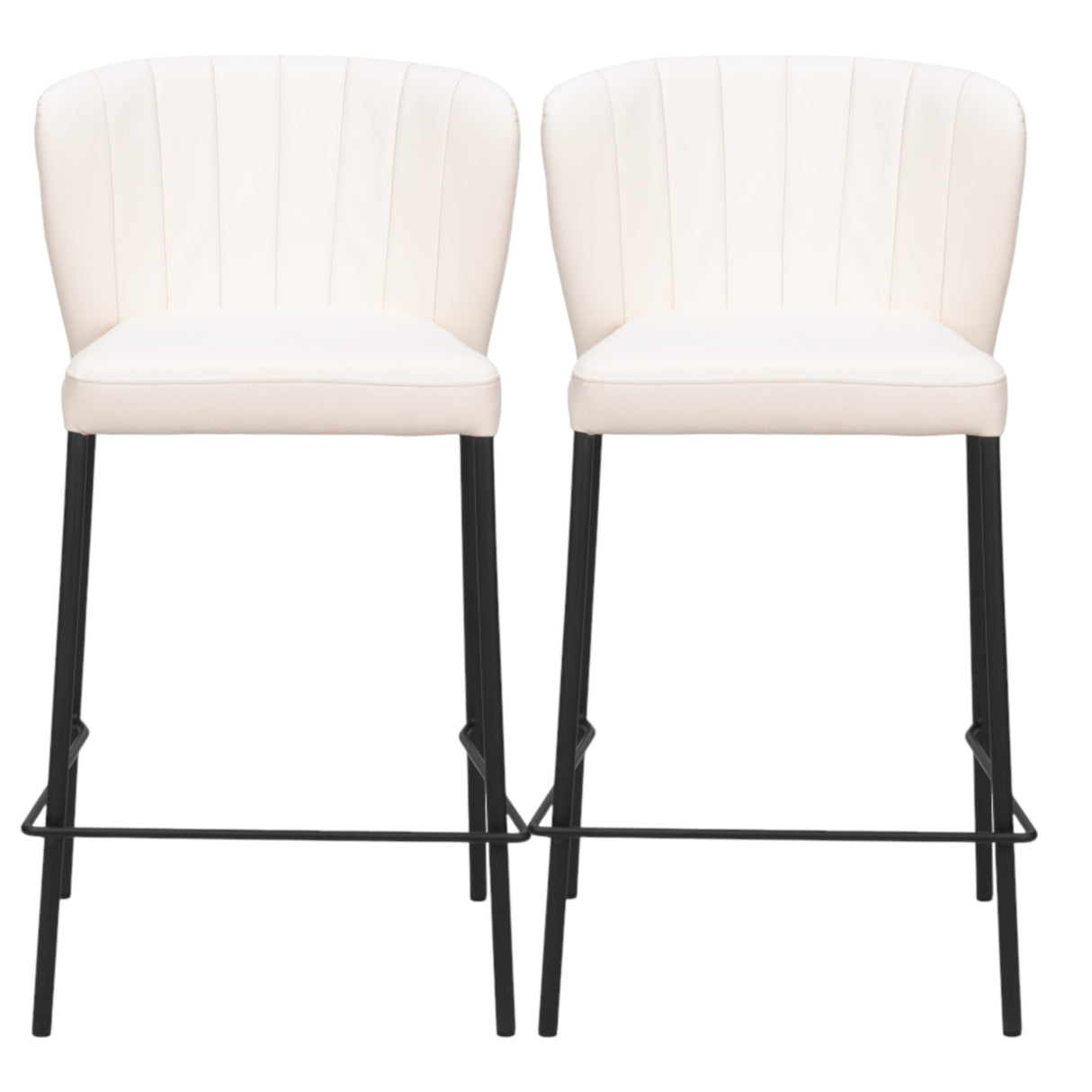 Set of Two 26" Cream And Black Faux Leather And Steel Counter Height Bar Chairs