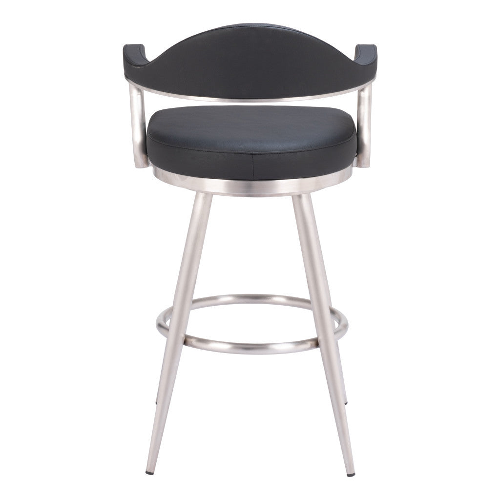 30" Black And Silver Faux Leather And Stainless Steel Bar Height Swivel Bar Chair