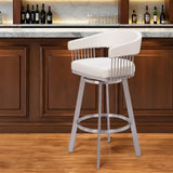 31" White And Silver Faux Leather And Stainless Steel Bar Height Swivel Bar Chair