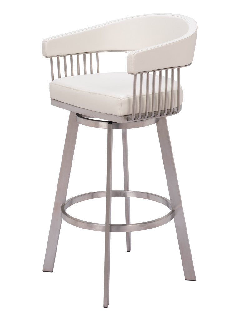 31" White And Silver Faux Leather And Stainless Steel Bar Height Swivel Bar Chair