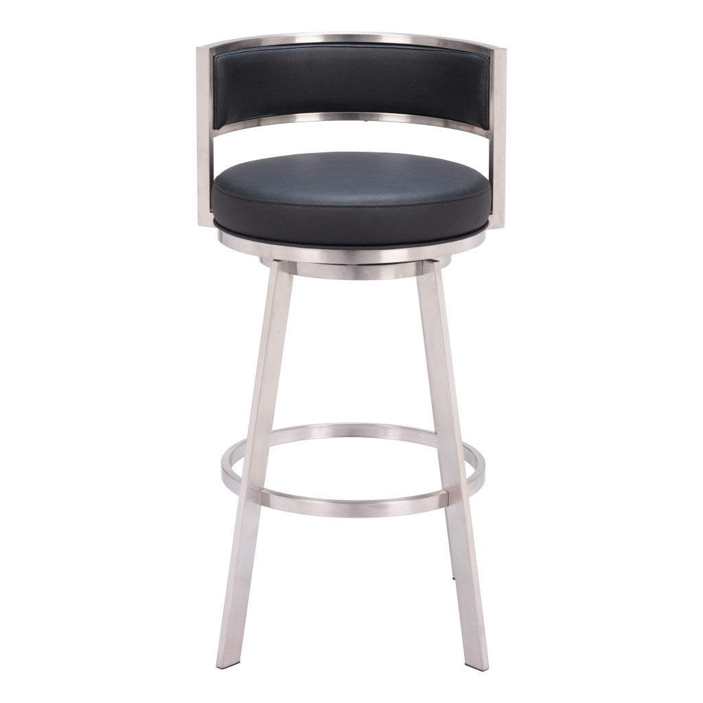 31" Black And Silver Faux Leather And Stainless Steel Low Back Bar Height Swivel Bar Chair