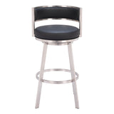 31" Black And Silver Faux Leather And Stainless Steel Low Back Bar Height Swivel Bar Chair