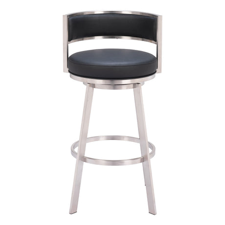 31" Black And Silver Faux Leather And Stainless Steel Low Back Bar Height Swivel Bar Chair