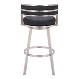 31" Black And Silver Faux Leather And Stainless Steel Low Back Bar Height Swivel Bar Chair