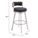 31" Black And Silver Faux Leather And Stainless Steel Low Back Bar Height Swivel Bar Chair