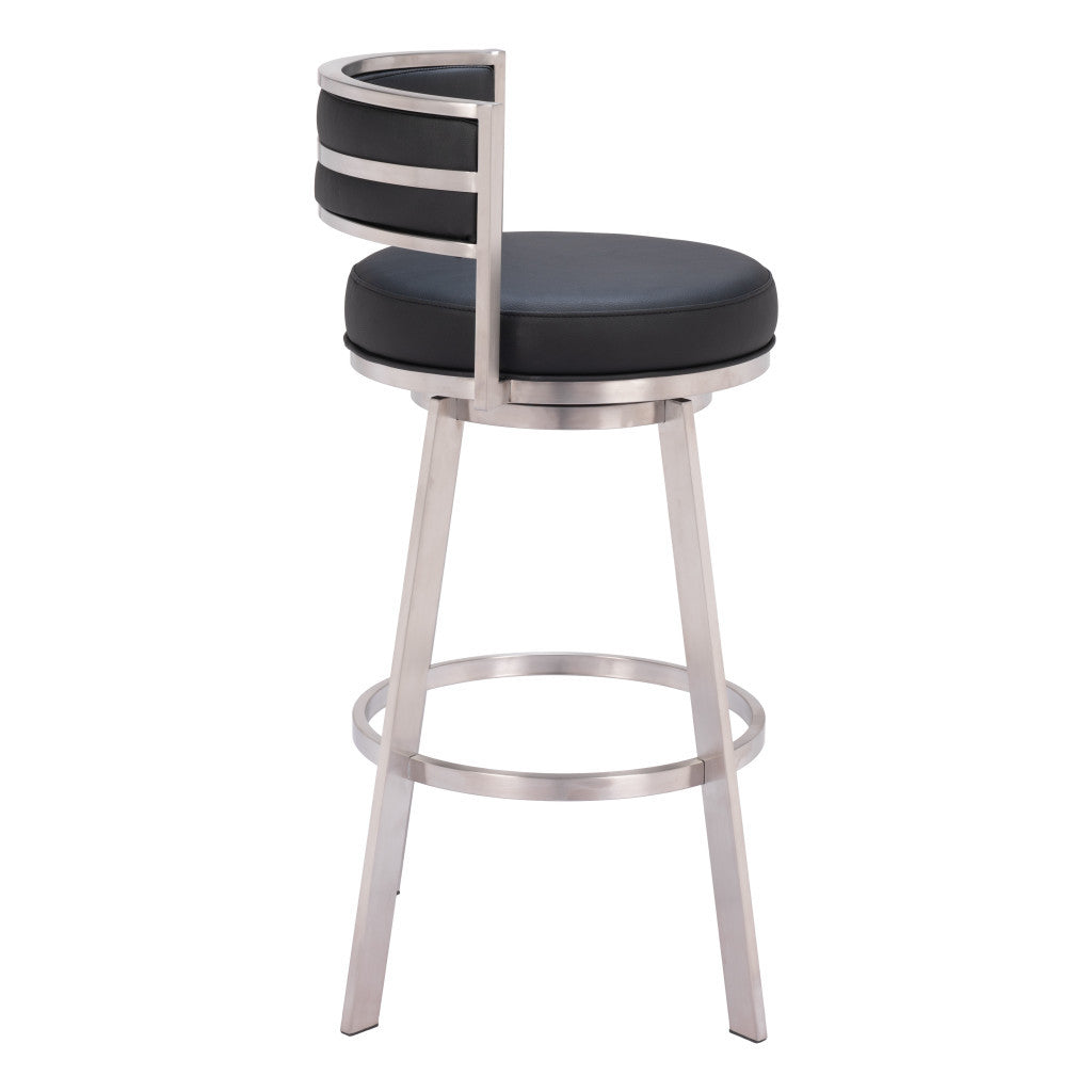 31" Black And Silver Faux Leather And Stainless Steel Low Back Bar Height Swivel Bar Chair