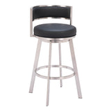 31" Black And Silver Faux Leather And Stainless Steel Low Back Bar Height Swivel Bar Chair