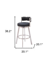 31" Black And Silver Faux Leather And Stainless Steel Low Back Bar Height Swivel Bar Chair