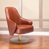 28" Brown And Gold Faux Leather Swivel Arm Chair