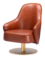 28" Brown And Gold Faux Leather Swivel Arm Chair