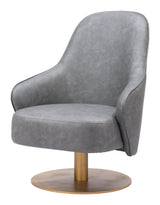 28" Gray And Gold Faux Leather Swivel Arm Chair