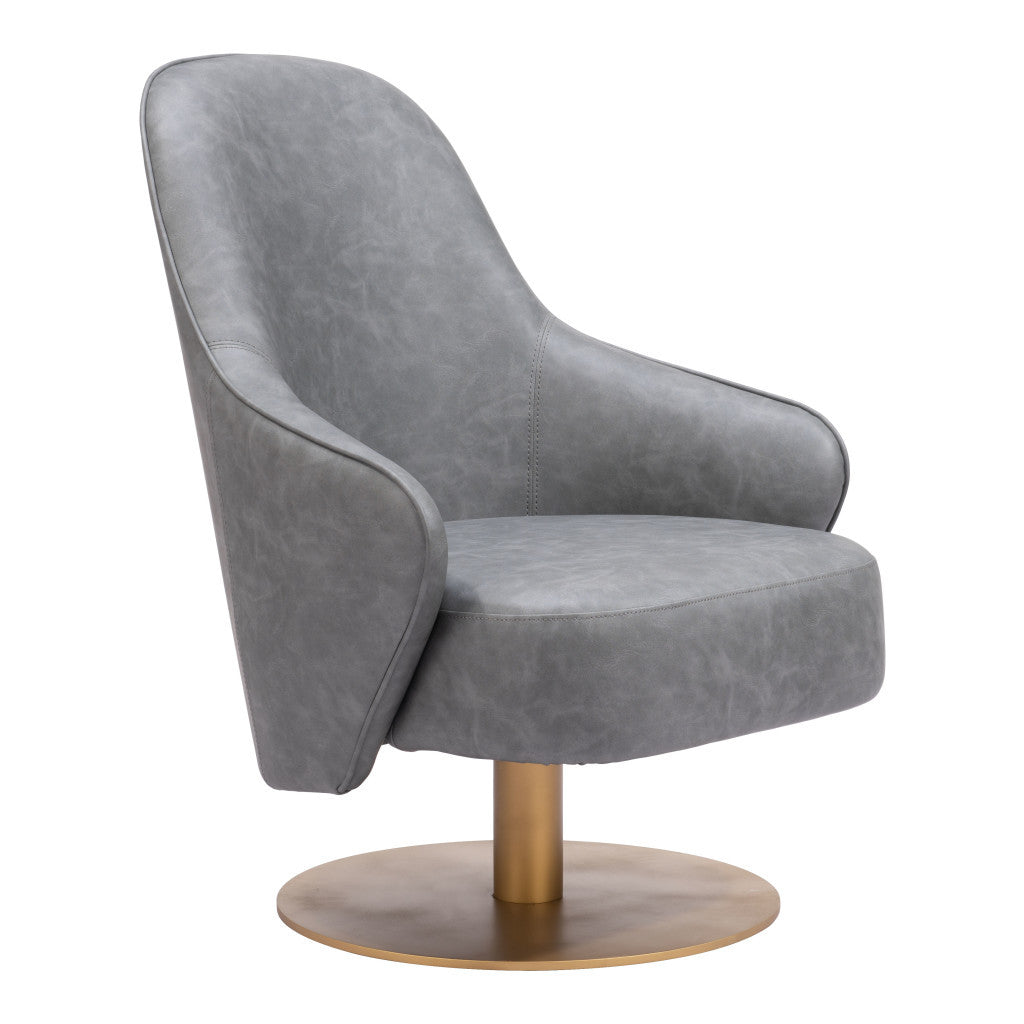 28" Gray And Gold Faux Leather Swivel Arm Chair