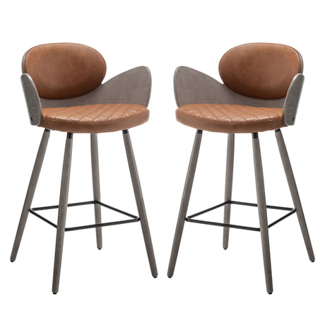 Set of Two 28" Brown And Gray Faux Leather And Wood Counter Height Bar Chairs