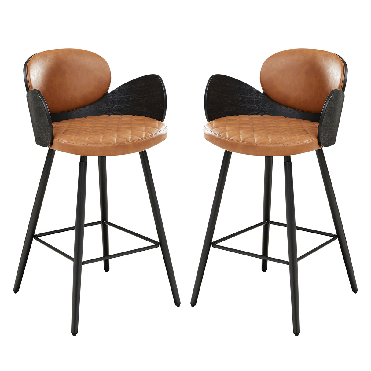 Set of Two 28" Brown And Black Faux Leather And Wood Counter Height Bar Chairs