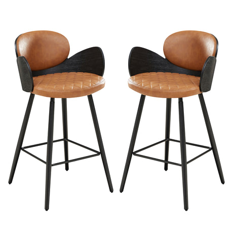 Set of Two 28" Brown And Black Faux Leather And Wood Counter Height Bar Chairs